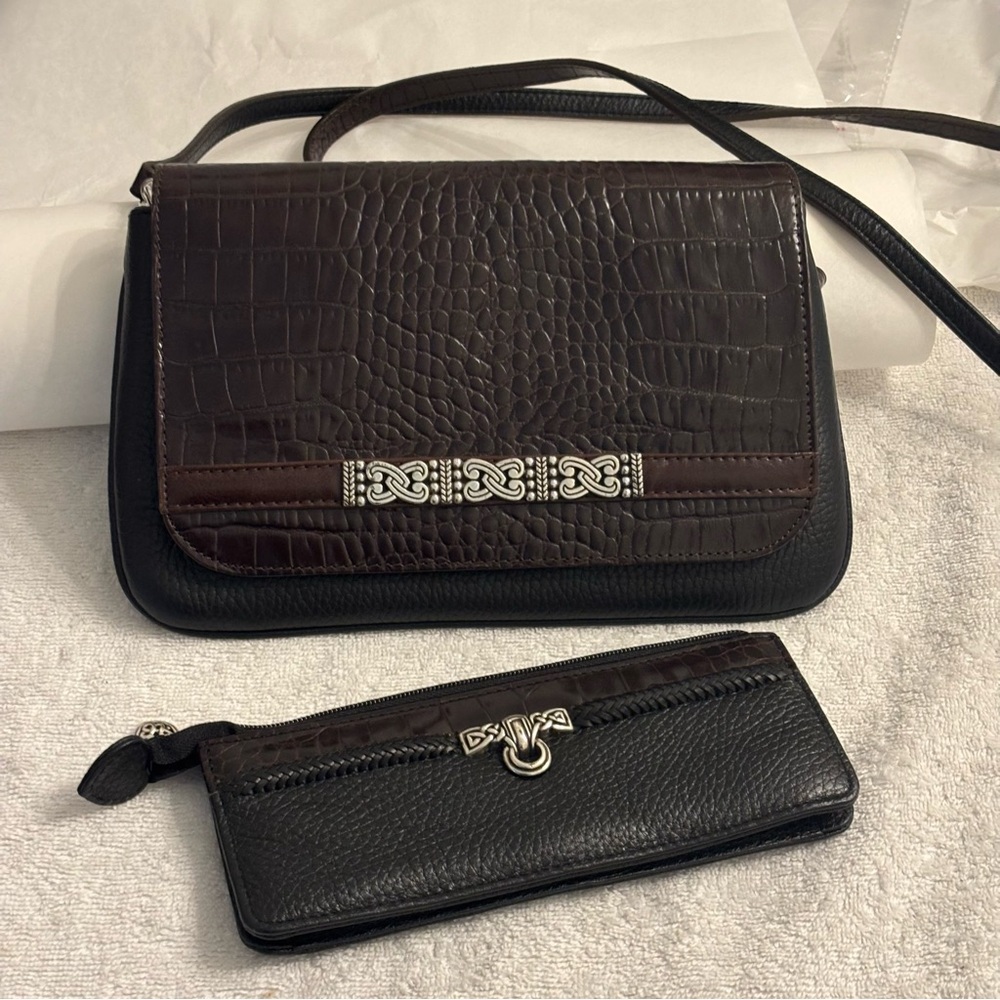 Brighton Dark Brown and Black Crossbody Bag with Silver Accents